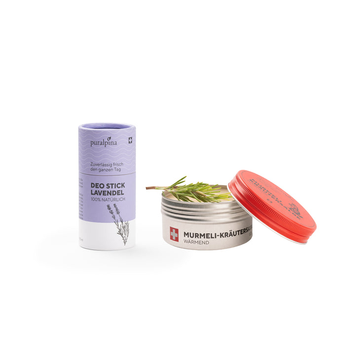 puralpina Sport-Set, zusammengestellt aus Deo Stick Lavendel und Murmeli-Kräutersalbe wärmend