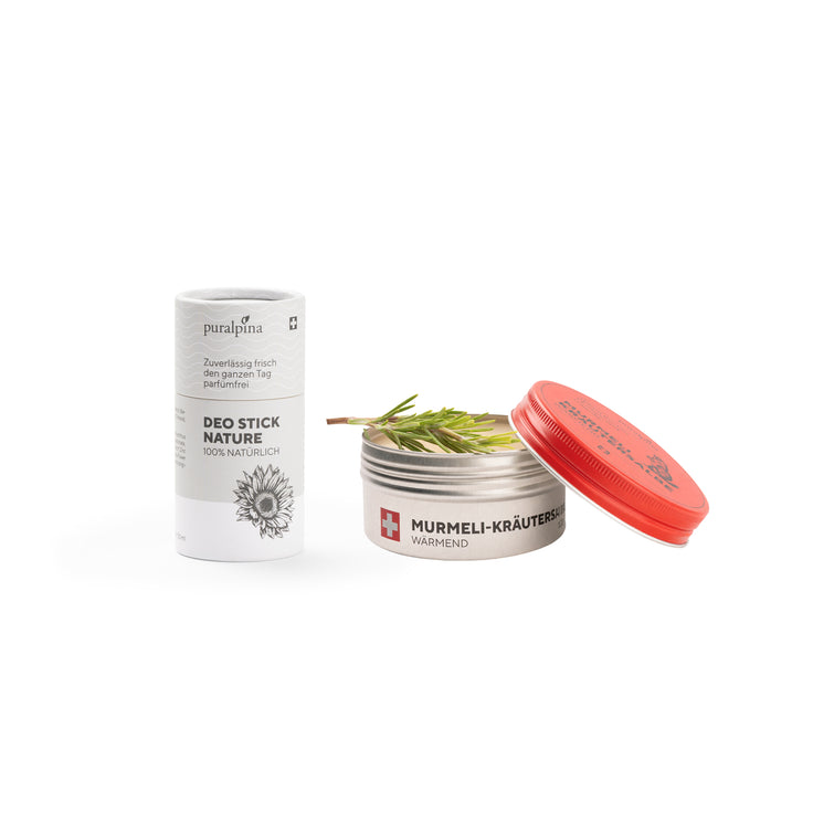 puralpina Sport-Set, zusammengestellt aus Deo Stick Nature und Murmeli-Kräutersalbe wärmend