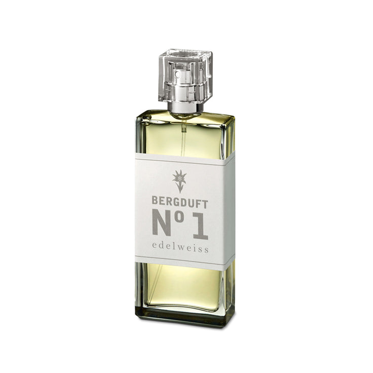Parfum Mountain Fragrance n° 1 Edelweiss, présenté dans un flacon en verre transparent à étiquette blanche.
