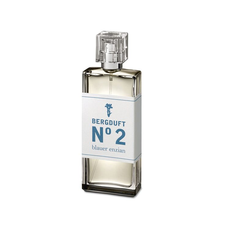 Parfum Mountain Scent n° 2 Gentiane bleue, présenté dans un flacon en verre transparent avec une étiquette bleue.