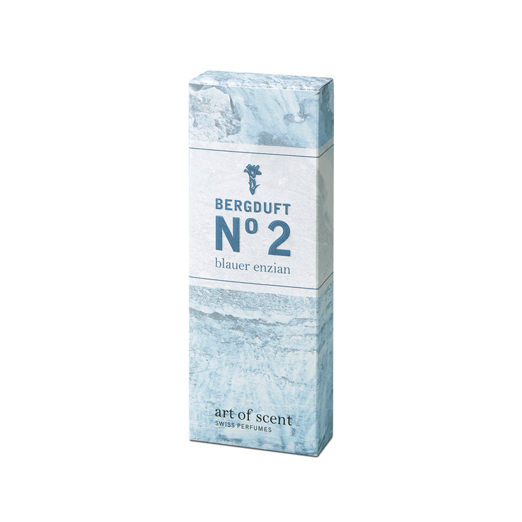 Parfum Mountain Scent n° 2 Gentiane bleue, emballage Art of Scent orné d'un motif de montagne bleue
