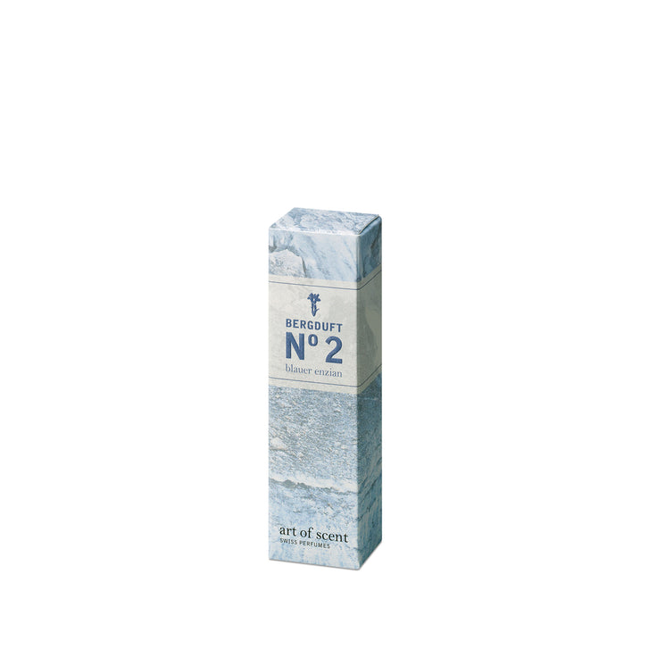 Parfum Mountain Scent n° 2 Gentiane bleue, emballage Art of Scent orné d'un motif de montagne bleue