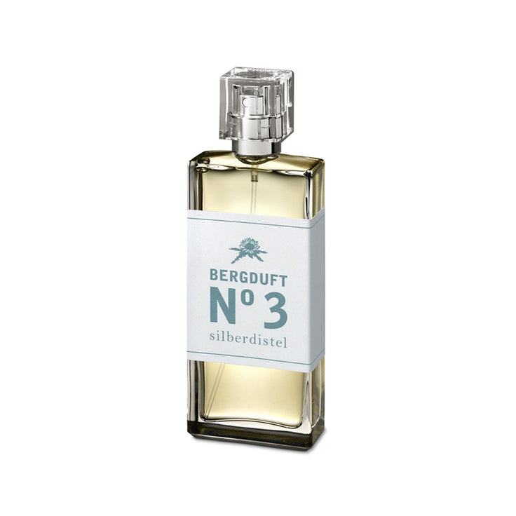 Parfum Bergduft No. 3 Chardon d'argent dans un flacon en verre transparent avec une étiquette bleu clair