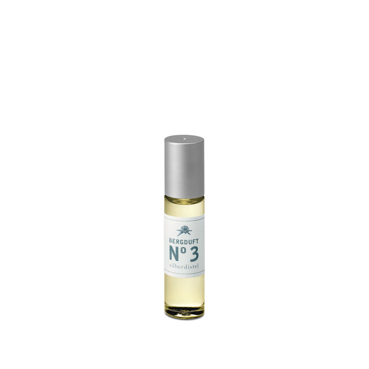 Parfum roll-on Mountain Scent n° 3 Chardon argenté, présenté dans un flacon en verre avec un bouchon argenté.