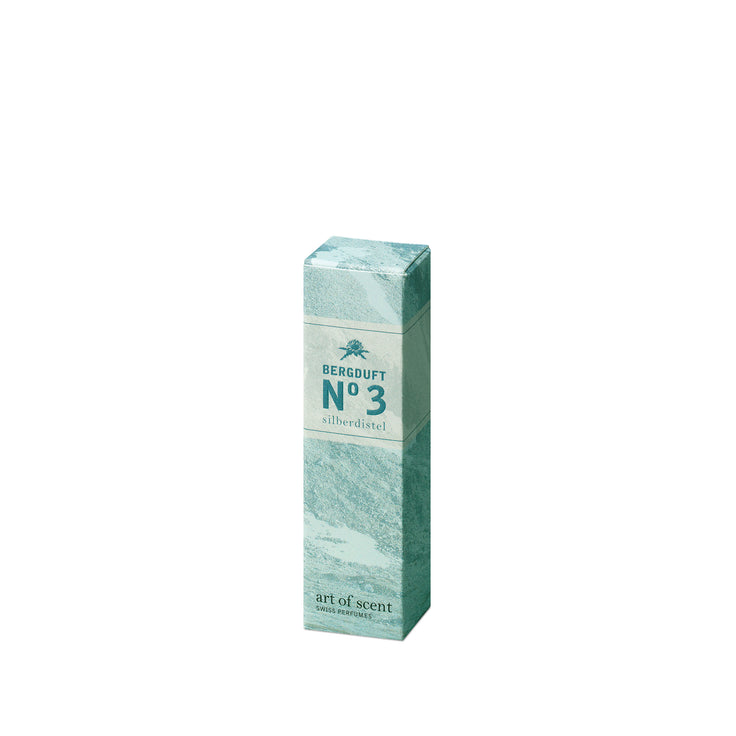 Parfum Mountain Scent n° 3 Chardon argenté, flacon d'Art of Scent orné d'un motif de montagne bleu clair.