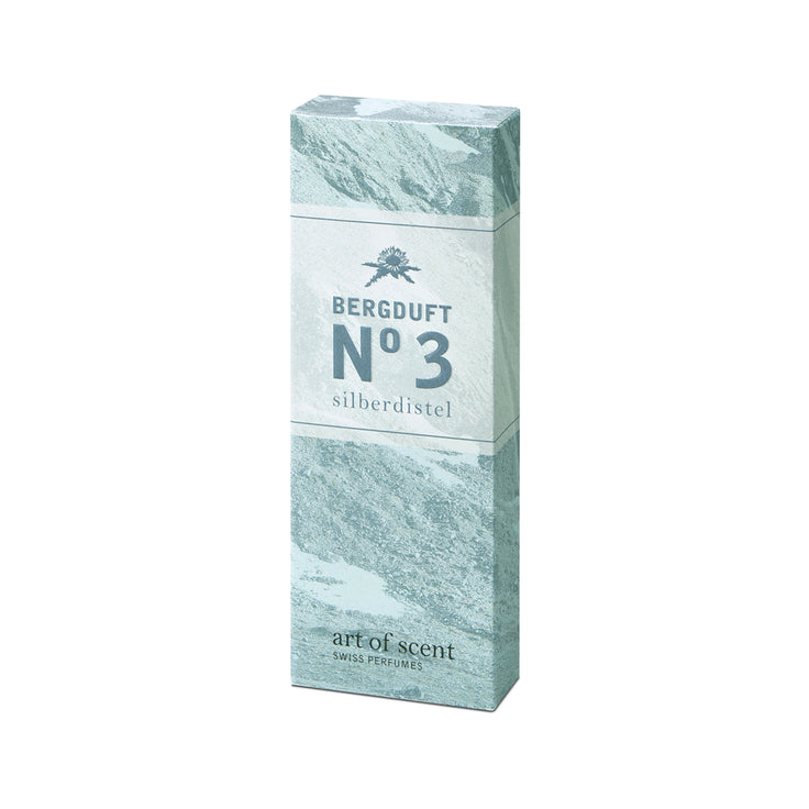 Parfum Mountain Scent n° 3 Chardon argenté, flacon d'Art of Scent orné d'un motif de montagne bleu clair.