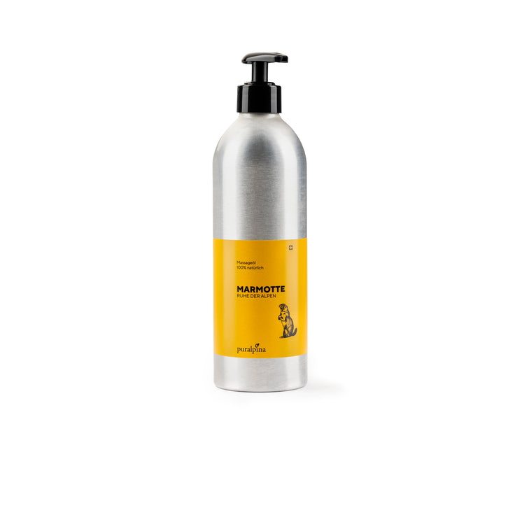 Huile de massage Marmot 500 ml de Puralpina, à l'huile de marmotte et au délicat parfum d'orange.