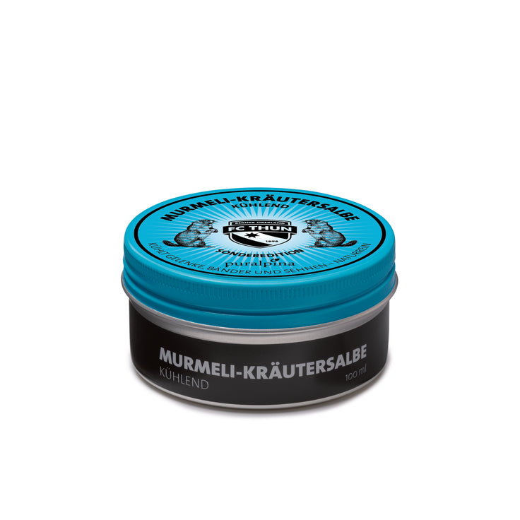 Murmeli-Kräutersalbe kühlend 100ml Sonderedition FC Thun – geschlossene Dose mit natürlichem Schweizer Murmeltieröl