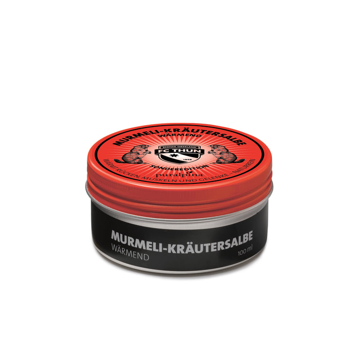 Murmeli-Kräutersalbe wärmend 100ml Sonderedition FC Thun – geschlossene Dose mit natürlichem Schweizer Murmeltieröl
